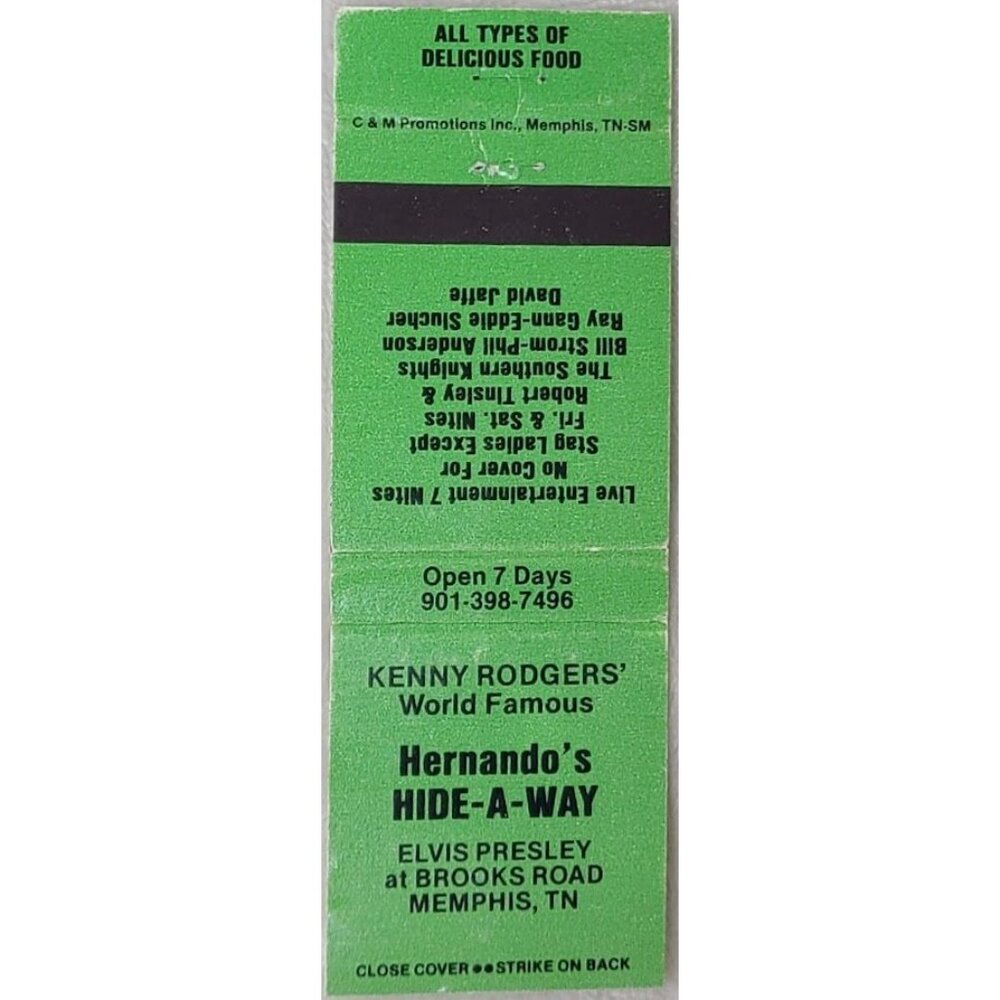 Hernando’s Hide‑A‑Way Matchbook Cover Memphis TN Elvis Presley Kenny Rodgers